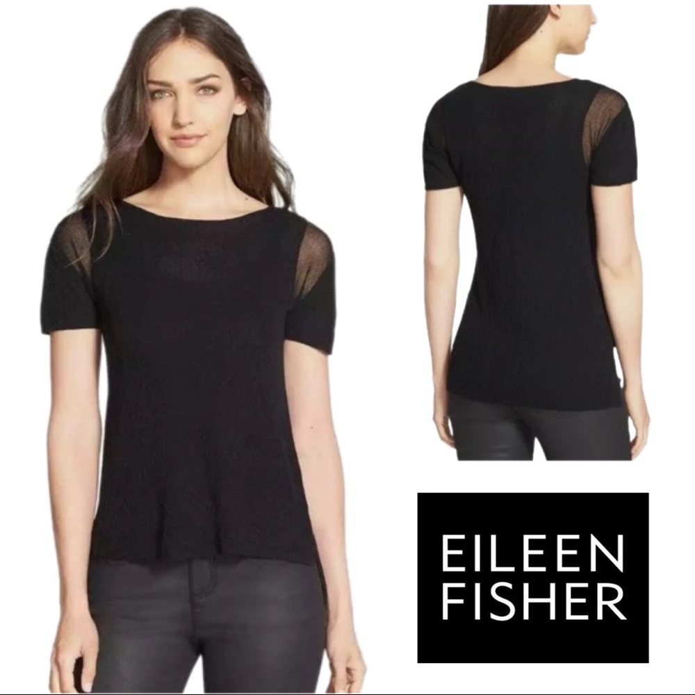 Eileen Fisher Sheer Panel Textured Black Blouse